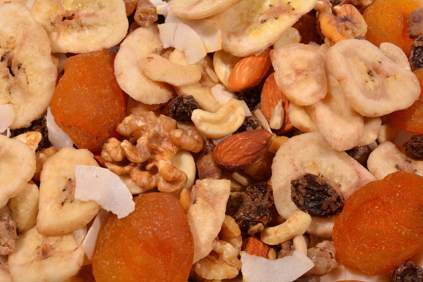 California Trail Mix - Apricots, Almonds, Cashew Splits, Dates, Raisins, Banana Chips, Sunflower Seeds, Walnuts, and Coconut-1 lb.