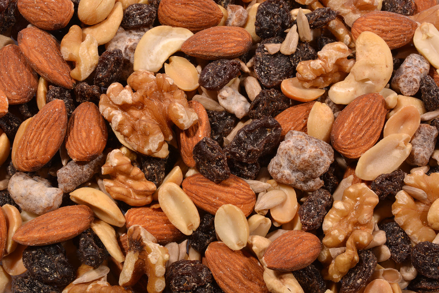 Deluxe Trail Mix - Raisins, Almonds, Peanuts (Roasted), Dates, Walnuts, Cashews and Sunflower Seeds-1 lb.