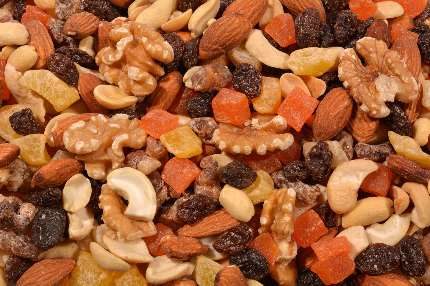 Hawaiian Trail Mix -(Roasted) Almonds, Pineapple, Papaya, Dates, Raisins, Walnuts, Roasted Peanuts and Cashew Splits-1 lb.