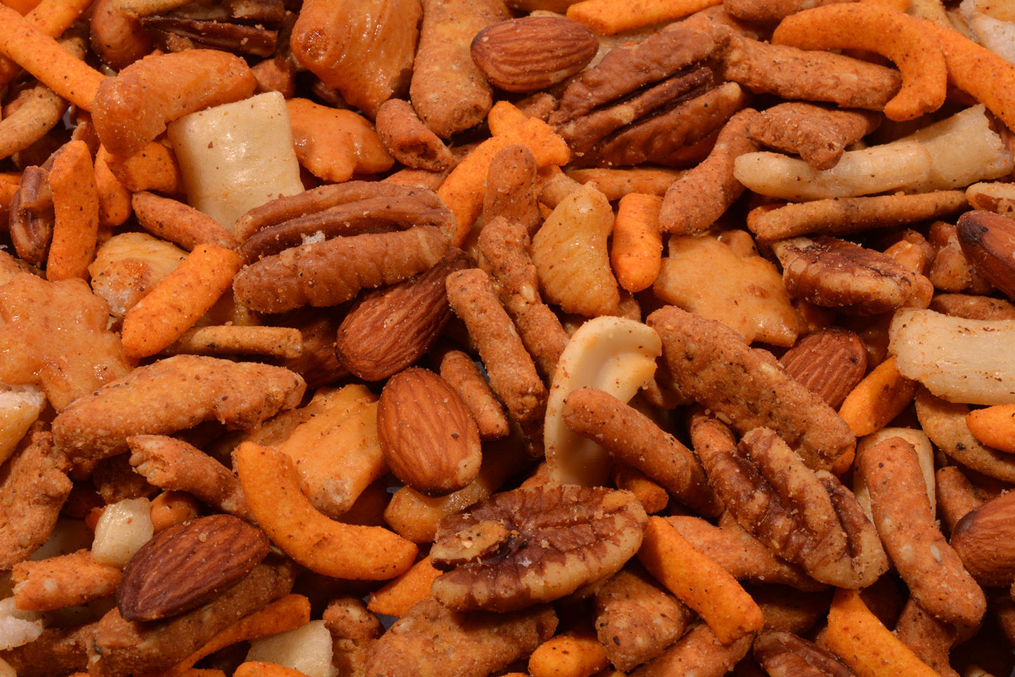 Melrose Mix (Roasted/Salted) - Almonds, Cheddar Sticks, Garlic Sticks, Rice Crackers, Cashews, Pecans and Hot Cajun Corn Sticks-1 lb.