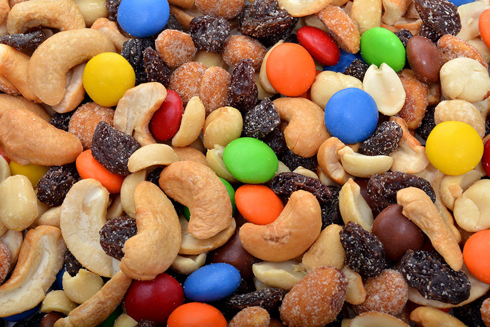 Texas Party Mix (Roasted/Salted)-Gems, Blanched Peanuts, Thompson Raisins, Cashew Splits, Honey Roasted Peanuts-1 lb